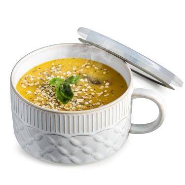 Imagem de Gomakren Tigela de sopa com alça de 1,105 g, tigela de ramen com tampa, recipiente de sopa de cerâmica, caneca para cereais ramen, escritório, almoço, dormitório, seguro para micro-ondas, bege e