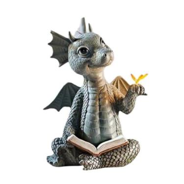 Imagem de Escultura de dragão de pátio resina dinossauros 3D estátua de parede montada ao ar livre decoração de arte de árvore, dragão de leitura