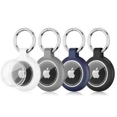 Imagem de 【Pacote com 4】 Suporte para AirTag com chaveiro, capa protetora de silicone à prova d'água compatível com acessórios Apple Air Tag GPS (preto + branco + azul + cinza)