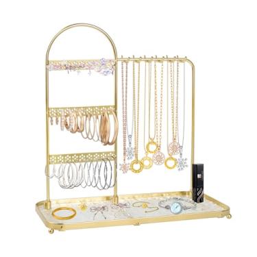 Imagem de Organizador e armazenamento de joias, suporte de metal, árvore e bandeja de acrílico para relógios de anel, batom, gancho de joias destacável para brinco, colar, pulseiras, grampos de cabelo dourados