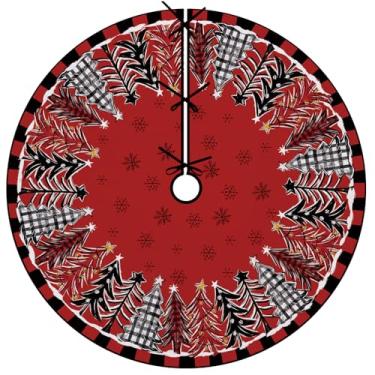Imagem de Fzbali Saia vermelha para árvore de Natal, 121 cm com cadarço para casa de fazenda, xadrez, floco de neve, árvore de Natal, festa de inverno, decoração interna