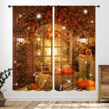 Imagem de Cortina de outono para quarto, colheita de ação de graças, casa de fazenda, folha de bordo, abóbora, floral, outono, cortinas de janela rústicas, de madeira, tratamentos para sala de estar, cozinha