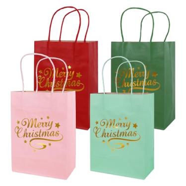 Imagem de JarThenaAMCS Saco de papel de folha dourada de Feliz Natal, 36 peças, rosa, verde, vermelho, com alças, sacos de guloseimas para lembrancinhas de festa de inverno