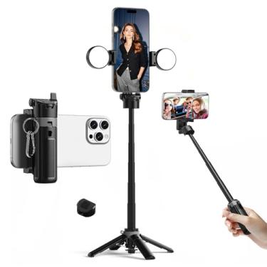 Imagem de Tripé de telefone, bastão de selfie com luz, mini tripé 3 em 1 com controle remoto removível sem fio e 2 luzes de enchimento, tripés de viagem portáteis para gravação de vídeo em Vlog e transmissão ao