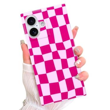 Imagem de AIGOMARA Capa retangular magnética para iPhone 16, compatível com Magsafe, lindo design quadriculado para mulheres e meninas, elegante capa protetora à prova de choque, rosa choque