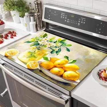 Imagem de HOMETITUTE Coberturas superiores de fogão para fogão elétrico 71 x 50 cm protetor de fogão de vidro resistente ao calor capa de bancada tapete de secagem de pratos RV range top limão design floral