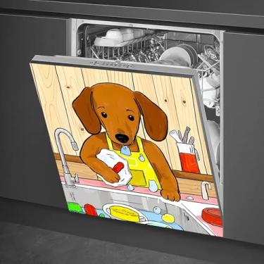 Imagem de HOMETITUTE Capa magnética para lava-louças 58 x 66 cm Ilustrado Dachshund lavar pratos em avental amarelo capa magnética para lava-louças para decoração de utensílios de cozinha painel frontal adesivo