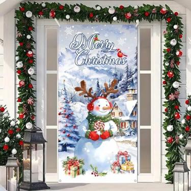 Imagem de Capa de porta de Feliz Natal, decorações de porta de Natal, bandeira de floco de neve, placa de varanda pendurada, pano de fundo para casa, inverno, decoração de festa interna e externa, 90 x 182 cm