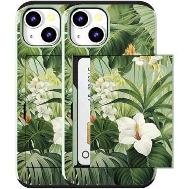 Imagem de MUQR Capa compatível com iPhone 15 Plus com porta-cartão fofo - Design Kawaii, proteção contra quedas de grau militar, capa carteira robusta para mulheres (folhas verdes de flores tropicais)