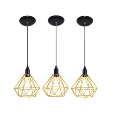 Imagem de Kit 3 Lustres Aramado Retrô Diamante 18X18Cm Amarelo Md8003