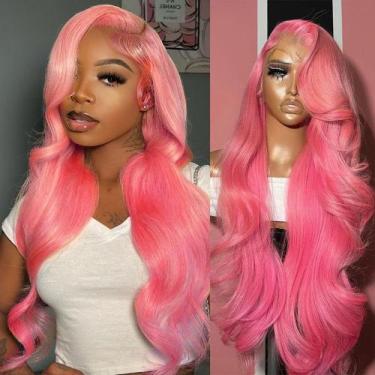 Imagem de Peruca frontal de renda Boumon Pink Human Hair Body Wave 60cm