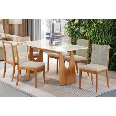 Imagem de Conjunto Sala de Jantar Mila Premium Madeira Maciça c/ Tampo Madeirado c/ Vidro 180x90cm e 6 Cadeiras Lara Carvalho/Off White - Linho Bege Argila-Kapp