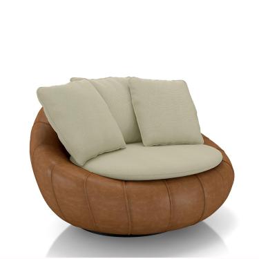 Imagem de Poltrona Giratória Sala de Estar com Almofadas Afrodite Bege Caramelo Manchado Linho/PU G45 - Gran Belo