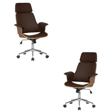 Imagem de Kit 2 Cadeira de Escritório Home Office Decorativas Casemiro PU c/Regulagem de Altura Base Giratória Marrom G56 - Gran Belo