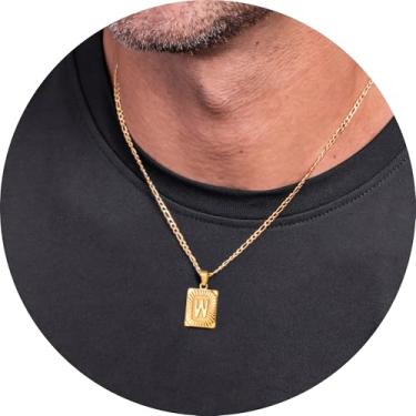 Imagem de Colar masculino com inicial, pingente de letra retangular de A a Z, corrente de aço inoxidável banhada a ouro, joia de monograma personalizada, 20in, Aço inoxidável, Sem Pedra Preciosa