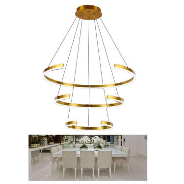 Imagem de Lustre Pendente 3 Aneis Arco Perfil Luminaria Ajustavel 94w Dourado Sala De Estar Casa