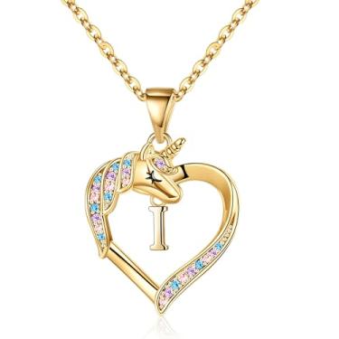 Imagem de Hidepoo Colar de unicórnio para meninas - Colar de coração de zircônia cúbica colorida banhado a ouro 14K para meninas, joias iniciais, colares de unicórnio para meninas, presentes de aniversário