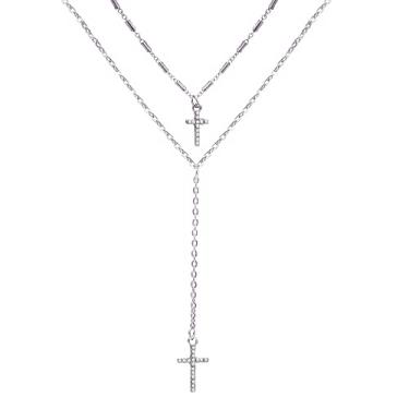 Imagem de MiiFort Colares com cruz de camada dupla, colares religiosos, joias de aniversário, presente para mulheres, filha, irmã, avó, neta, tia, amizade, One Size, Metal, Sem Pedra Preciosa
