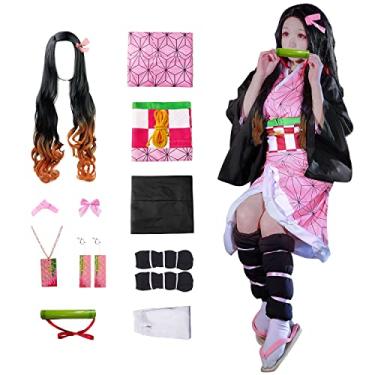 Imagem de Nezuko Fantasia cosplay quimono infantil manto japonês fantasia de anime japonês roupa de quimono de Halloween com peruca 11 peças rosa crianças - 150 cm / 59 polegadas