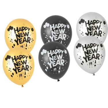 Imagem de Balões de festa de Ano Novo Pacote com 8 – Balões de látex "Feliz Ano Novo" dourado, prata e preto de 30,5 cm | Decorações festivas NYE para festas de contagem regressiva