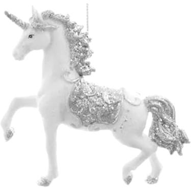 Imagem de The Bridge Collection Enfeite de Natal de unicórnio branco brilhante – Unicórnio brilhante elegante com detalhes prateados – Decoração mágica de árvore de Natal