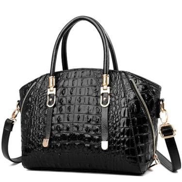 Imagem de Caalaay Bolsas femininas com estampa de crocodilo de couro PU, bolsa de ombro feminina com zíper e alça superior, Preto, One Size