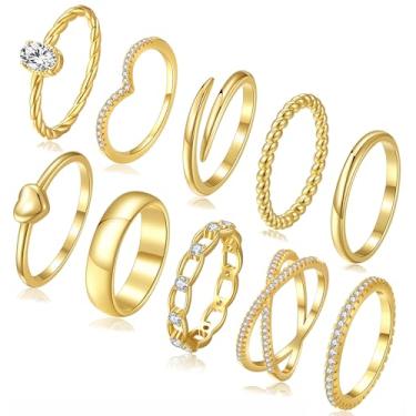 Imagem de PLOMFOV Anéis de ouro empilháveis para mulheres, não manchados, banhados a ouro 14 quilates, empilháveis, delicados, conjunto de anéis de zircônia cúbica, pacote de alianças de casamento de