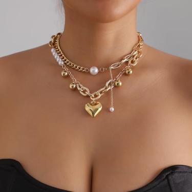 Imagem de Colar de pérolas com coração de ouro grosso, colar de declaração para mulheres, colar grosso de ouro, colar de corrente de ouro grosso para mulheres, presente de joias para mulheres, Medium, Latão