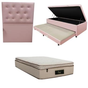 Imagem de Cama Box Baú Solteiro com Auxiliar (Bicama) + Colchão Cloud Molas Ensacadas C/Pillowtop 32cm | Kit Completo com Cabeceira Botonê Opcional | Diversas Cores (3, CORINO ROSA, COM CABECEIRA)