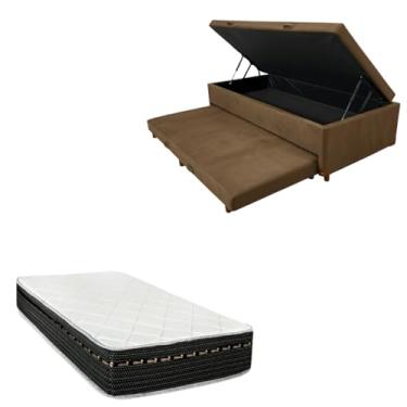 Imagem de Cama Box Baú Solteiro com Auxiliar (Bicama) + Colchão Eagle Molas Bonnel 22cm | Kit Completo com Cabeceira Botonê Opcional | Diversas Cores (2, SUEDE MARROM, SEM CABECEIRA)