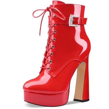 Imagem de Perisis Bota feminina preta de cano curto plataforma com cadarço salto alto grosso fechado bico redondo com zíper lateral e fivela de alça para mulheres sexy e fofas, Patente vermelha, 36