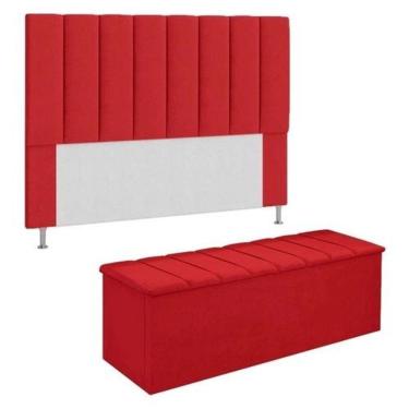 Imagem de Kit Cabeceira + Calçadeira Baú Casal 140cm Suede Vermelho