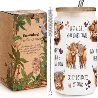 Imagem de Linda estampa de vaca Highland 473 ml, presentes de Natal para mulheres amantes de vacas - Just a Girl Love Cows Copos de vidro com tampas e canudos, presente perfeito para nova mãe, sogra, bônus de