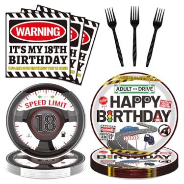 Imagem de Deorfuy Decorações de festa de aniversário de 18 anos - 96 peças de pratos temáticos de condução, guardanapos e garfos, adultos, meninos, meninas, 18 anos, festa de aniversário, celebração, conjunto