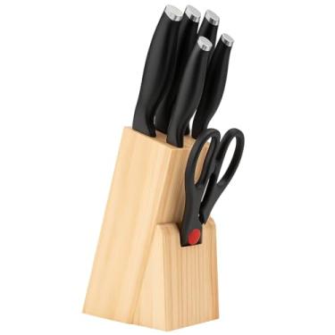 Imagem de Conjunto de Facas com Suporte em Madeira Natural, 6 Peças, Cabo Preto com Detalhes em Aço Inoxidável, Base Inclinada