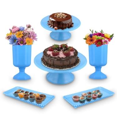 Imagem de Kit Festa Peças - Conjunto de Vaso, Boleira e Bandeja para Decoração de Festa e Mesa de Doces para Aniversário, Casamento e Chá de Bebê(AZUL BB 2)