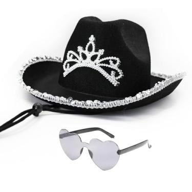 Imagem de Velorique Conjunto de chapéu de cowboy e bandana ocidental, aba larga com lantejoulas, chapéus de vaqueira e cachecol de borla para festa de cosplay, Preto, tamanho �nico