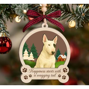 Imagem de Enfeite de Natal de madeira Bull Terrier - Lembrança de cachorro de 3 camadas - Presente memorial de animal de estimação para amantes de cães - Decoração de Feliz Natal - Enfeite de madeira de 7,5 x