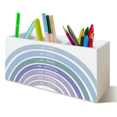Imagem de YTRGI Porta-lápis azul Boho com afirmações positivas arco-íris para sala de aula, mesa de escritório, sala de jogos, centro de livros, decoração de sala de jogos, organizador de escova de dentes