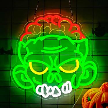 Imagem de Placa neon de zumbi de Halloween para decoração de parede Zombie Eat Brain LED Decorações de Halloween Sinal de luz neon assustador regulável para janela, bar, festa de terror, arte de parede, varanda