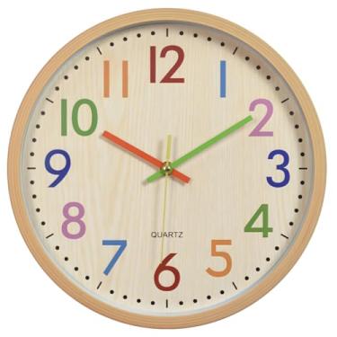 Imagem de Relógio de parede de quartzo silencioso de 30,5 cm, operado por bateria com moldura de textura de bambu, ponteiros e números coloridos para quarto ou escritório