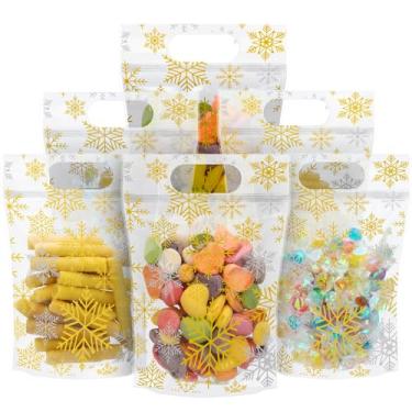 Imagem de AmazingSpark 60 unidades de sacos de floco de neve de plástico para lacre de Natal, sacos de guloseimas com alças resseláveis, bolsas transparentes para festas de Natal, festas, doces, pequenos