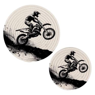 Imagem de Blueangle 2 peças de suporte de panela para motociclista - conjunto de pegadores de panela de tecido redondo - almofadas quentes trançadas de algodão - porta-copos - tapetes de mesa para cozinhar e