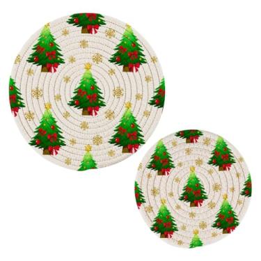 Imagem de Wassud Lindo conjunto de trivet de árvore de Natal para pratos quentes, suportes redondos de algodão, almofadas quentes, porta-copos elegantes, decoração de cozinha e acessórios, 2 peças