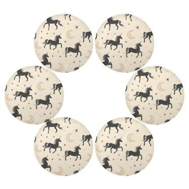 Imagem de Wassud Jogo americano conjunto de 6 tapetes redondos de cavalo com silhuetas pretas para cozinha e jantar tapetes laváveis resistentes ao calor para decoração de mesa 39 cm