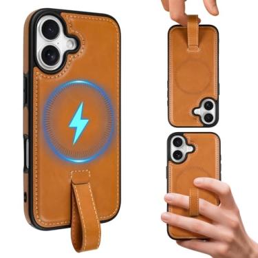 Imagem de AIGOMARA Capa magnética de couro para iPhone 17 com alça de dedo, compatível com Magsafe, capa de telefone fina de poliuretano de luxo, antiderrapante, resistente, à prova de choque, marrom