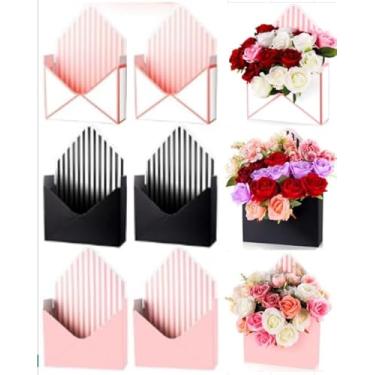 Imagem de FYSUIMU Caixa de envelope floral, 6 peças, caixa de papel vazia com listras de flores, buquê de florista, caixa de embalagem para dia das mães, casamento, festa de aniversário, preto, branco, rosa