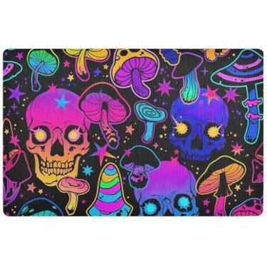 Imagem de TSENQUE Tapete de porta divertido personalizado brilhante neon cogumelos caveiras tapete de outono ao ar livre, decoração de varanda frontal tapetes de entrada laváveis para casa 81 cm x 50 cm