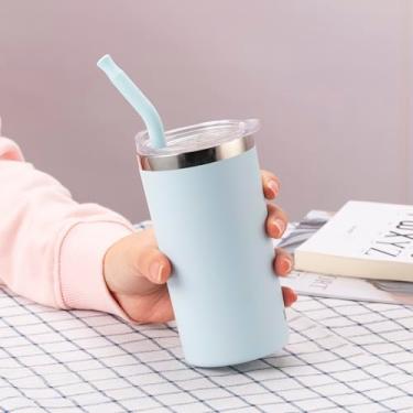 Imagem de Caneca de viagem isolada a vácuo de parede dupla de 340 g com canudo - tampa à prova de vazamento, sem suor para academia, escritório e carro (azul claro)