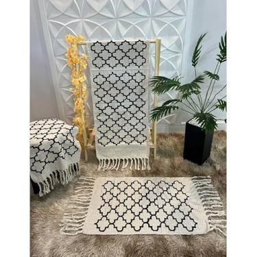 Imagem de Kit Passadeira de Cozinha 3 Peças Geométrica – Jogo de Tapetes em Tecido Grosso Algodão para Cozinha Sala e Quarto (Cru c/Colmeia Preto)